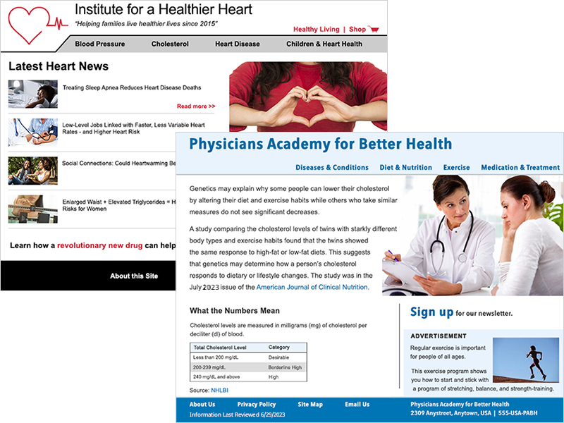 Side-by-side examples of two different health information website homepages. One is titled 'Institute for a Healthier Heart' and the other is 'Physicians Academy for Better Health'. Both look like standard health information sites.